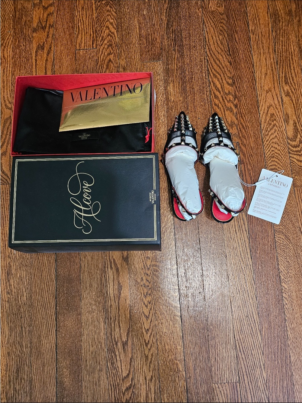 Valentino Black and White Studded Pointed Slingback Flats